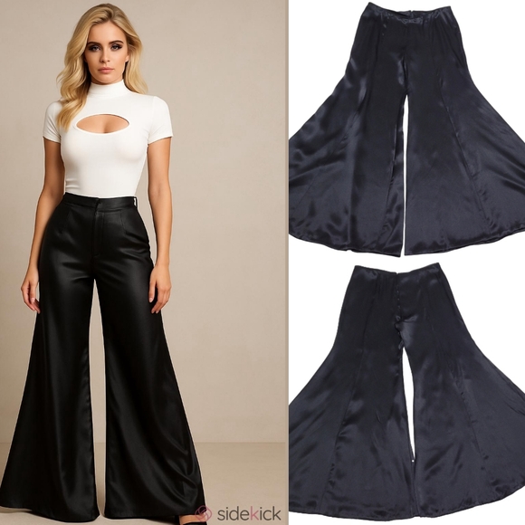 Vintage Pants - 1970s Vintage Black Satin Handmade High Waisted Extreme Bell Bottom Trousers XL